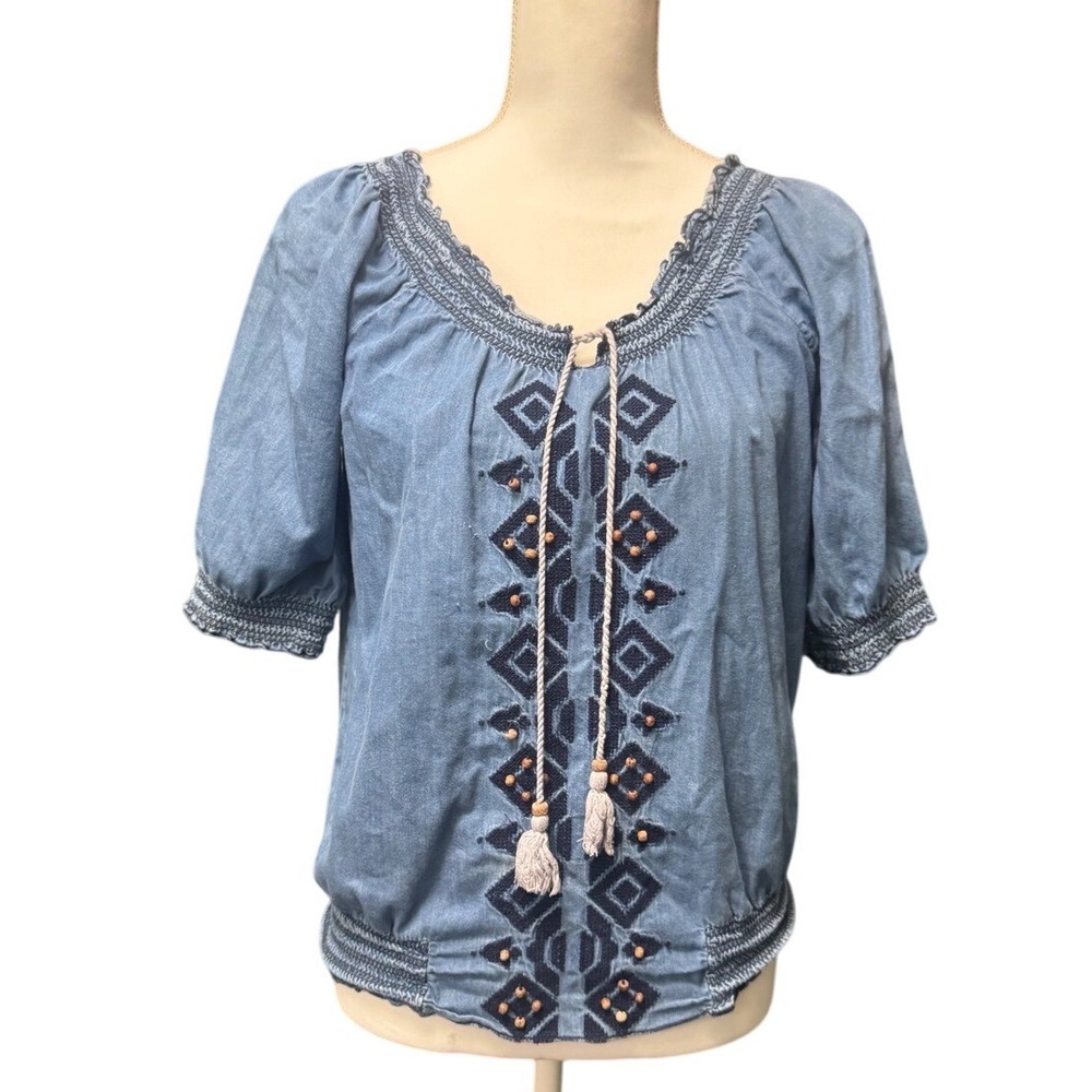 VAC Jeans Blue Embroidered Peasant Blouse XS Boho Hippie Western‎ Festival